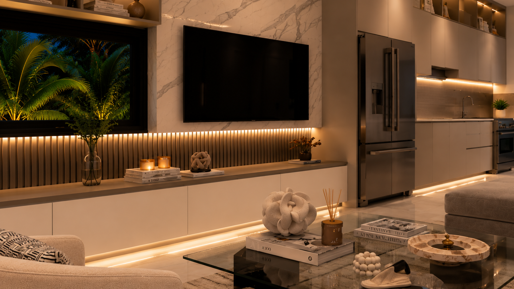 The Summit penthouse open-plan living room and kitchen, night